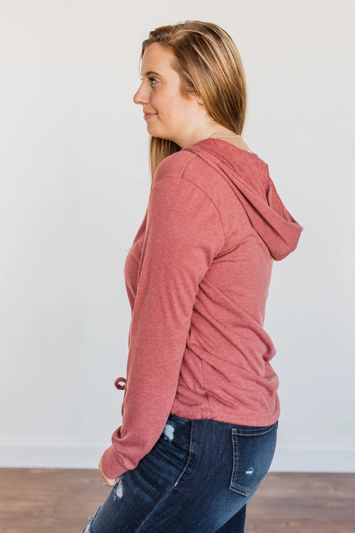 Spice It Up V-Neck Hoodie- Dusty Brick