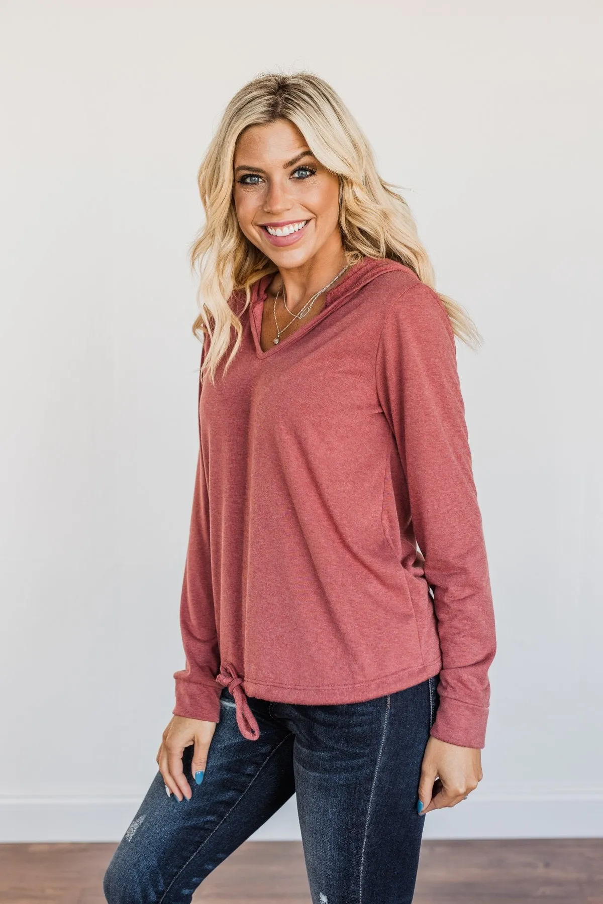 Spice It Up V-Neck Hoodie- Dusty Brick