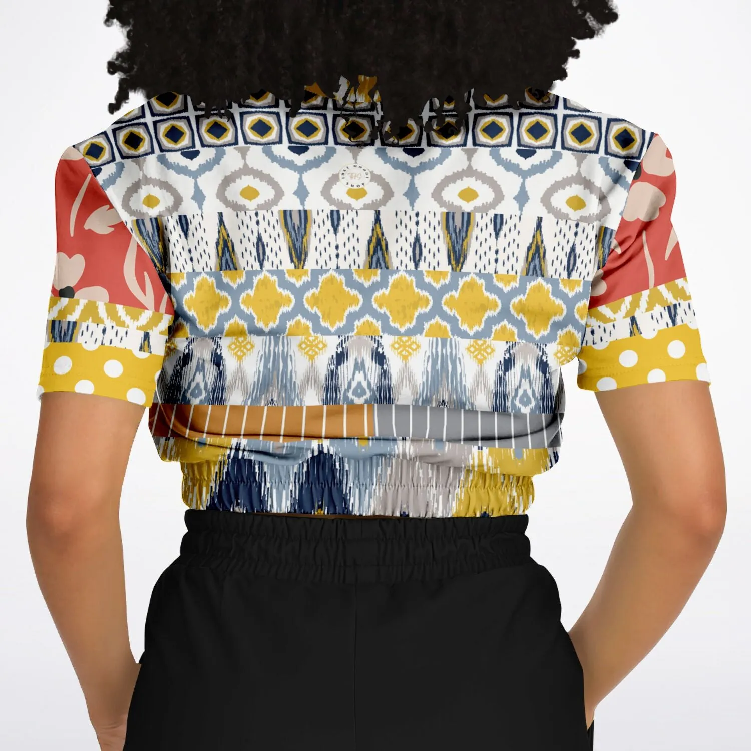 Tallulah Bankhead Elevate Patchwork Short Sleeve Cropped Eco-Poly Sweater