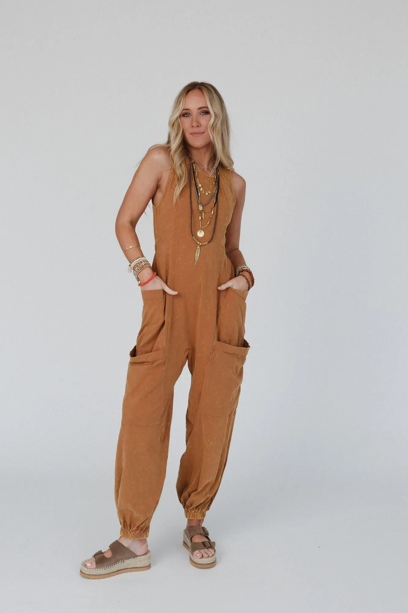 Turning Point Washed Cargo Jumpsuit - Camel