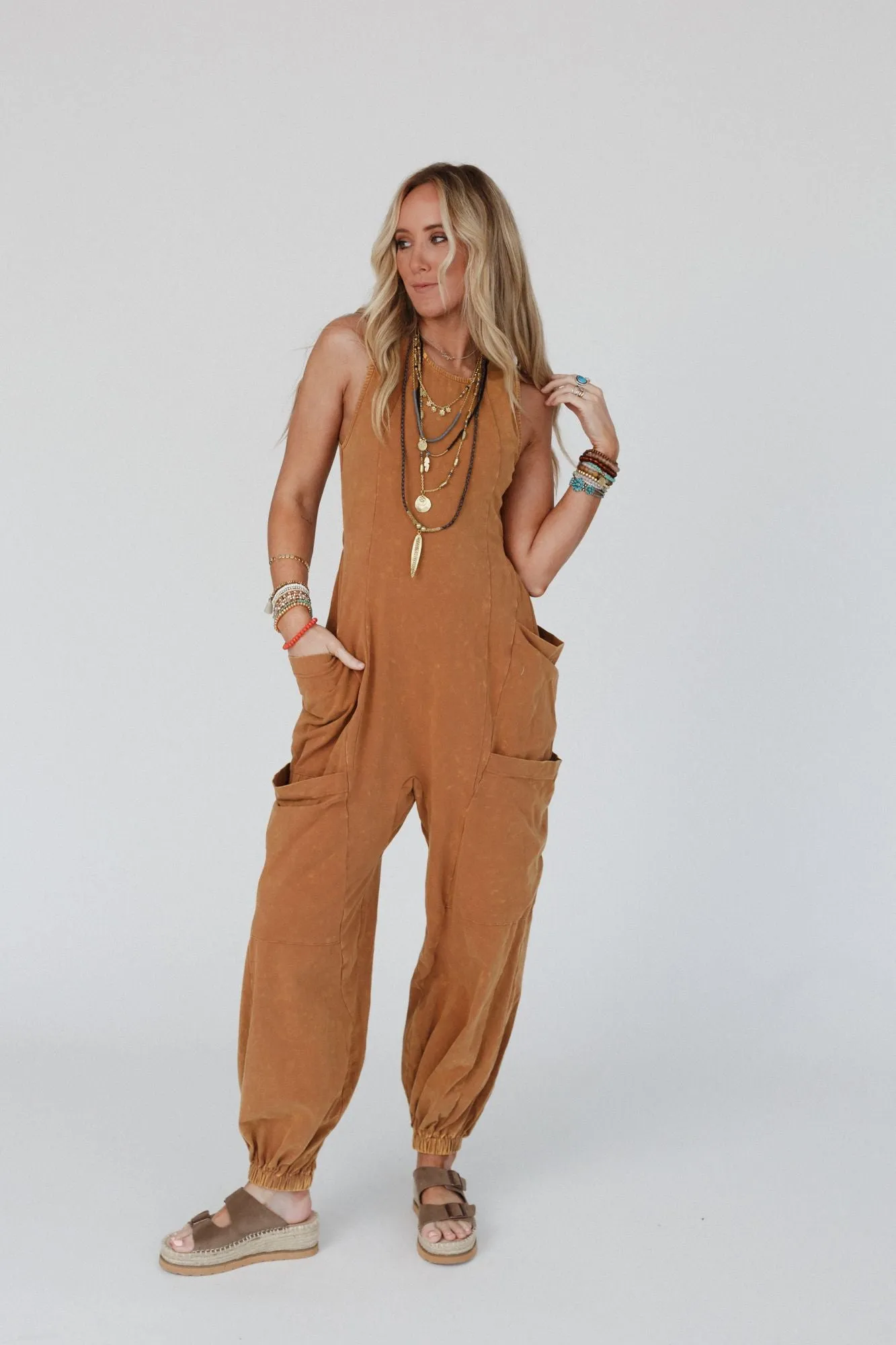 Turning Point Washed Cargo Jumpsuit - Camel