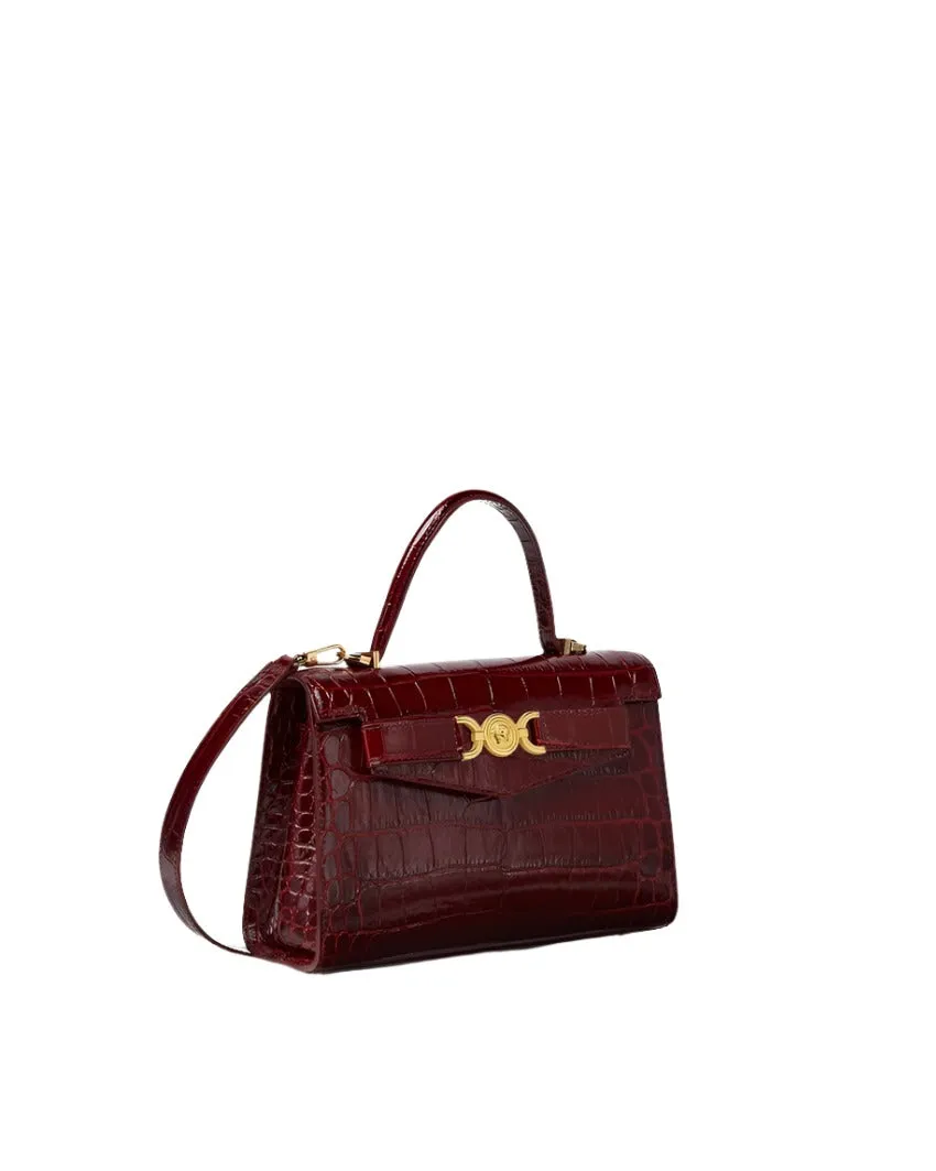 Versace Medium Top Handle Calf Embossing Croco in Burgundy-Versace Gold