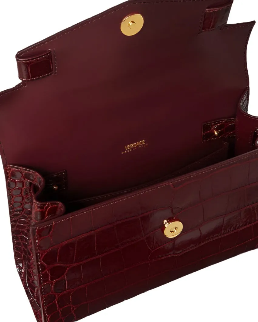 Versace Medium Top Handle Calf Embossing Croco in Burgundy-Versace Gold