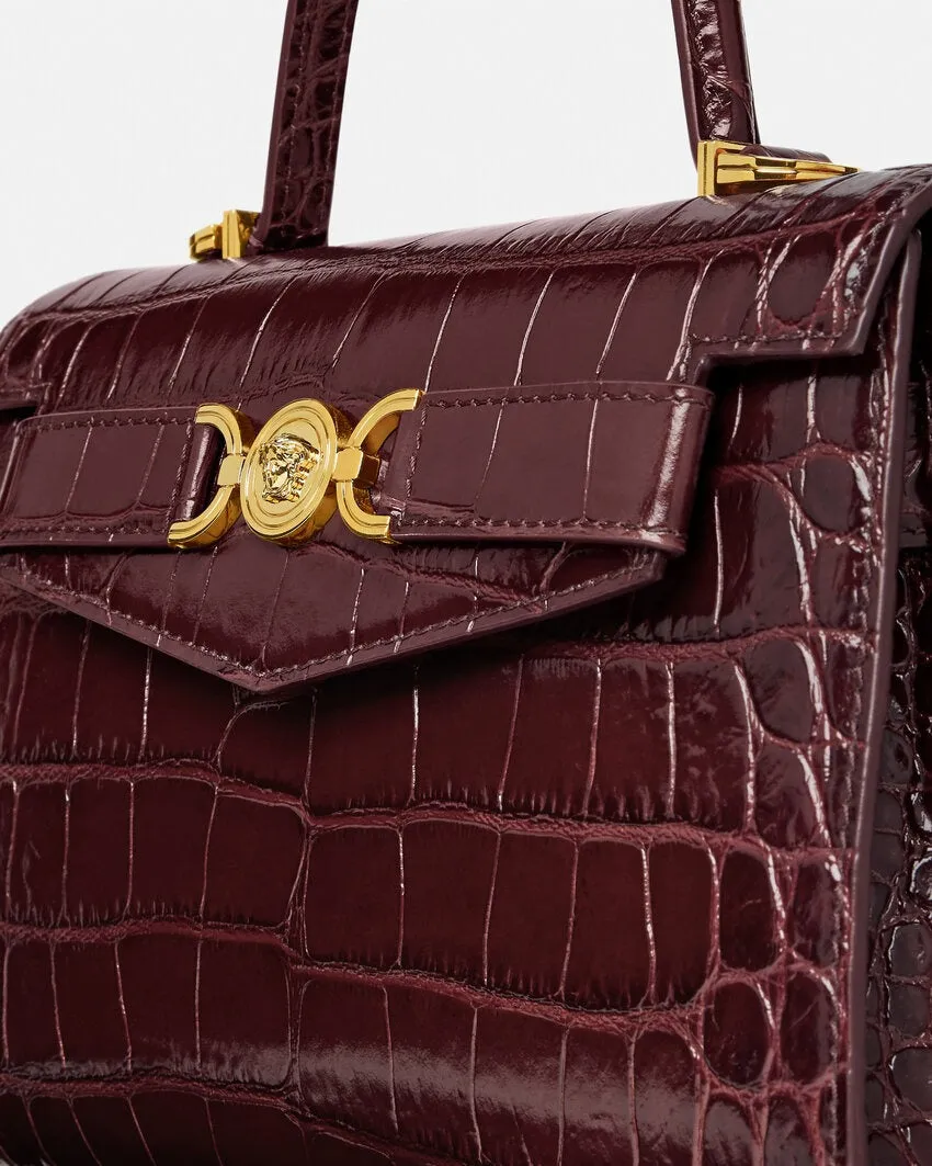 Versace Medium Top Handle Calf Embossing Croco in Burgundy-Versace Gold