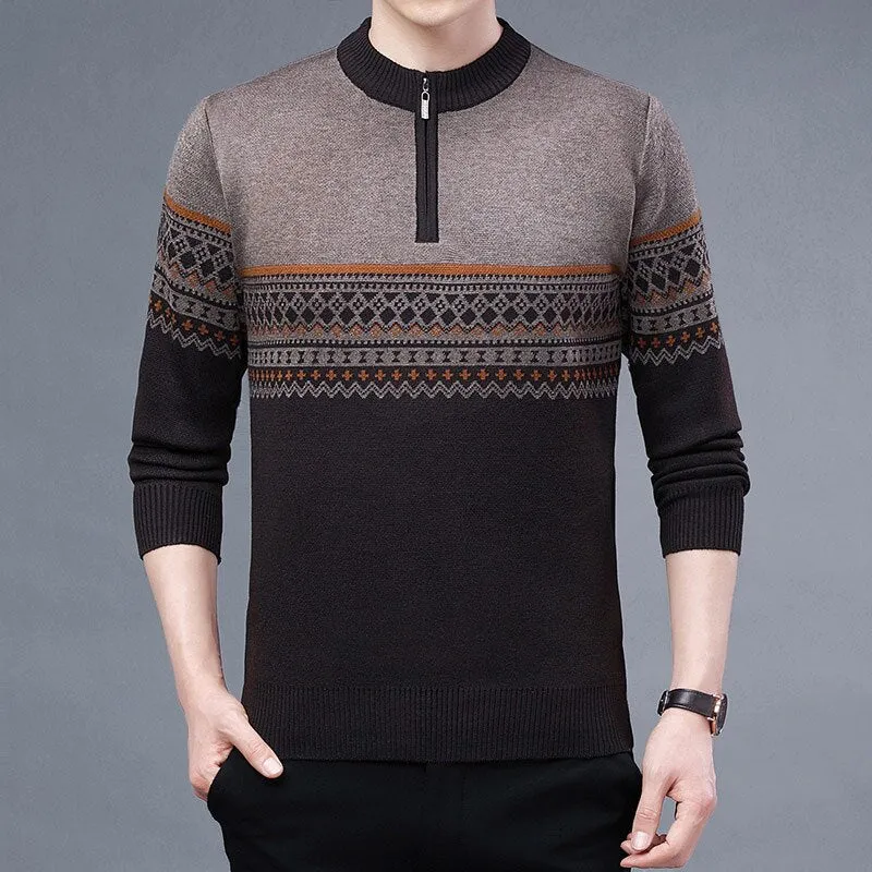 Winter Casual Men's Patchwork O-Neck Zipper Knitted Pullover Sweater