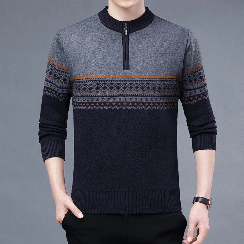 Winter Casual Men's Patchwork O-Neck Zipper Knitted Pullover Sweater