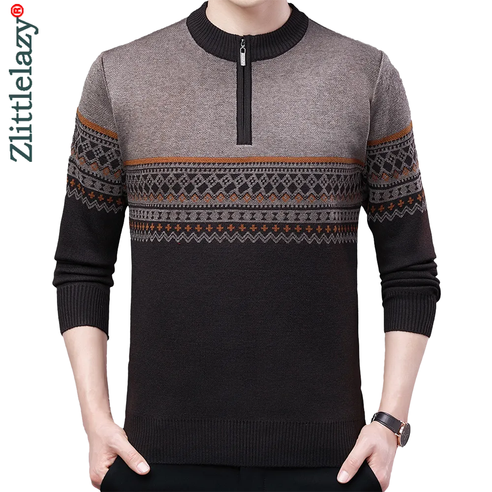 Winter Casual Men's Patchwork O-Neck Zipper Knitted Pullover Sweater