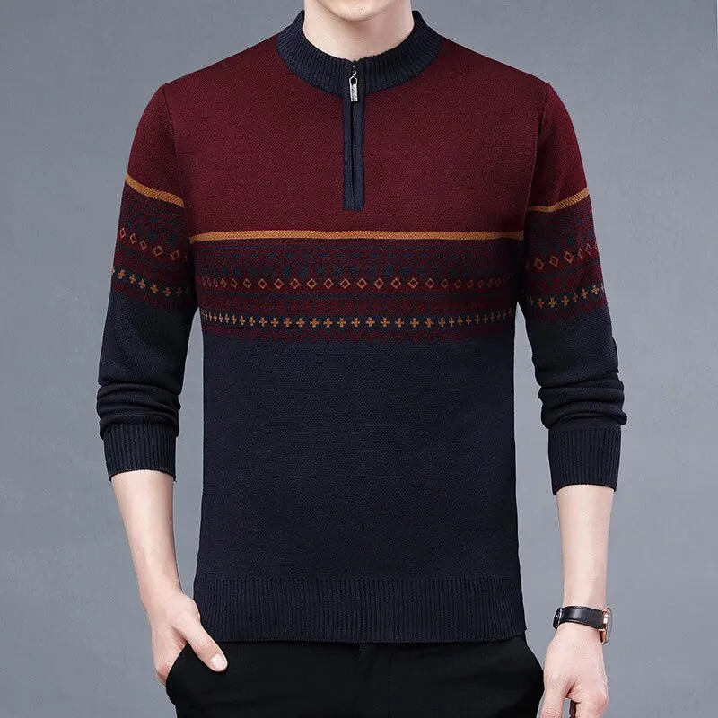 Winter Casual Men's Patchwork O-Neck Zipper Knitted Pullover Sweater