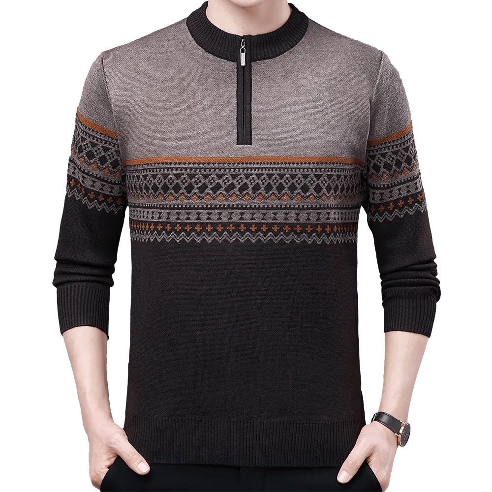 Winter Casual Men's Patchwork O-Neck Zipper Knitted Pullover Sweater