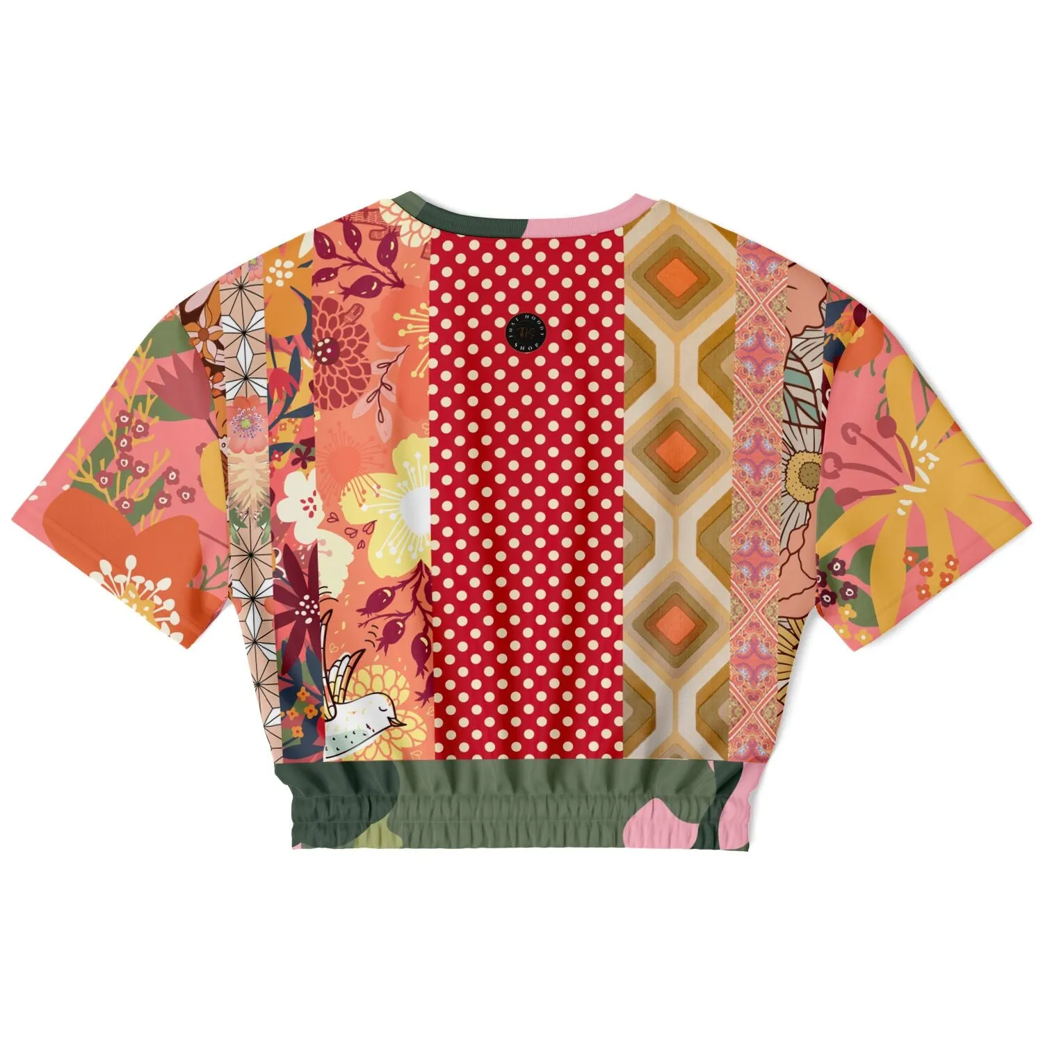 Yogananda Pink Floral Patchwork Short Sleeve Cropped Eco-Poly Sweater