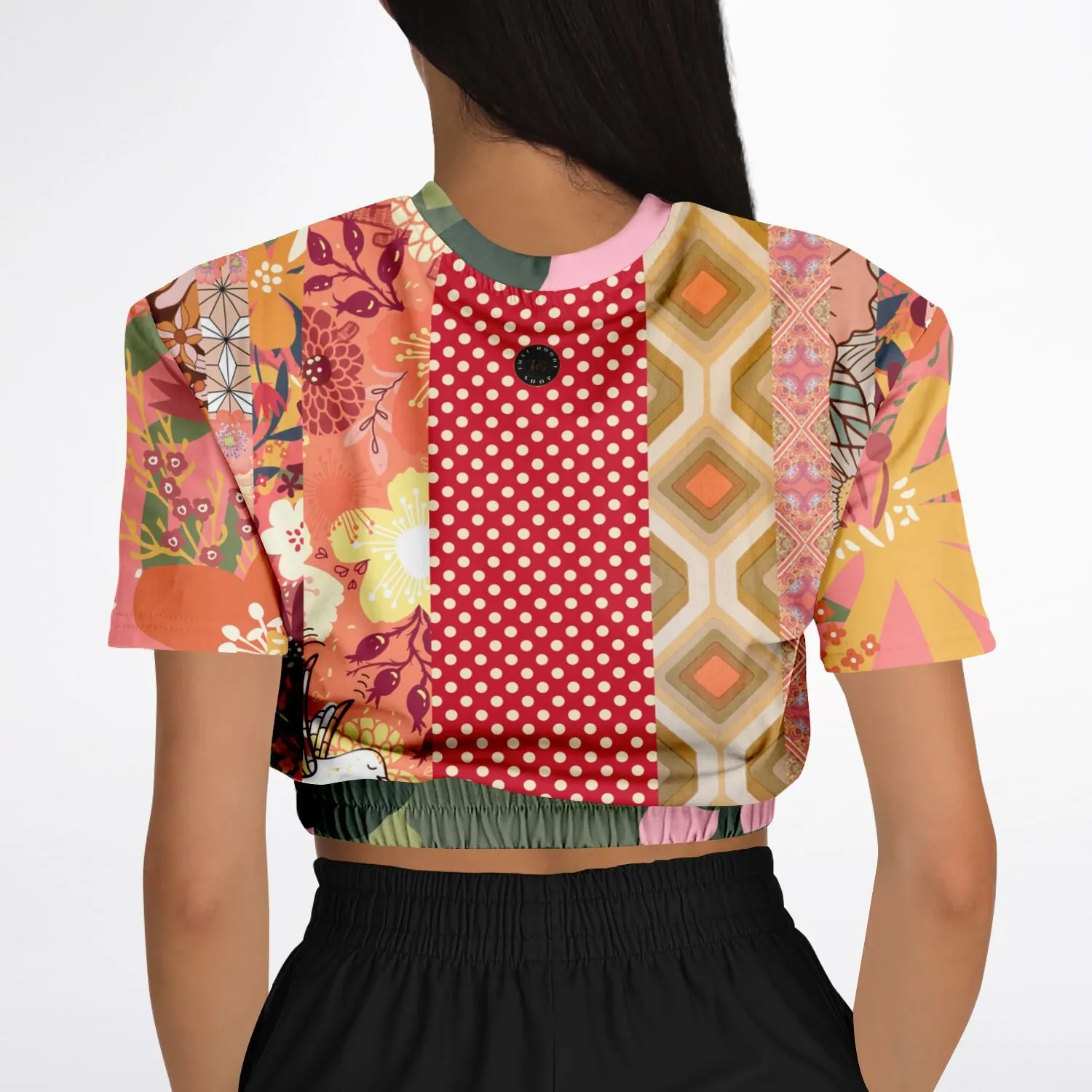 Yogananda Pink Floral Patchwork Short Sleeve Cropped Eco-Poly Sweater