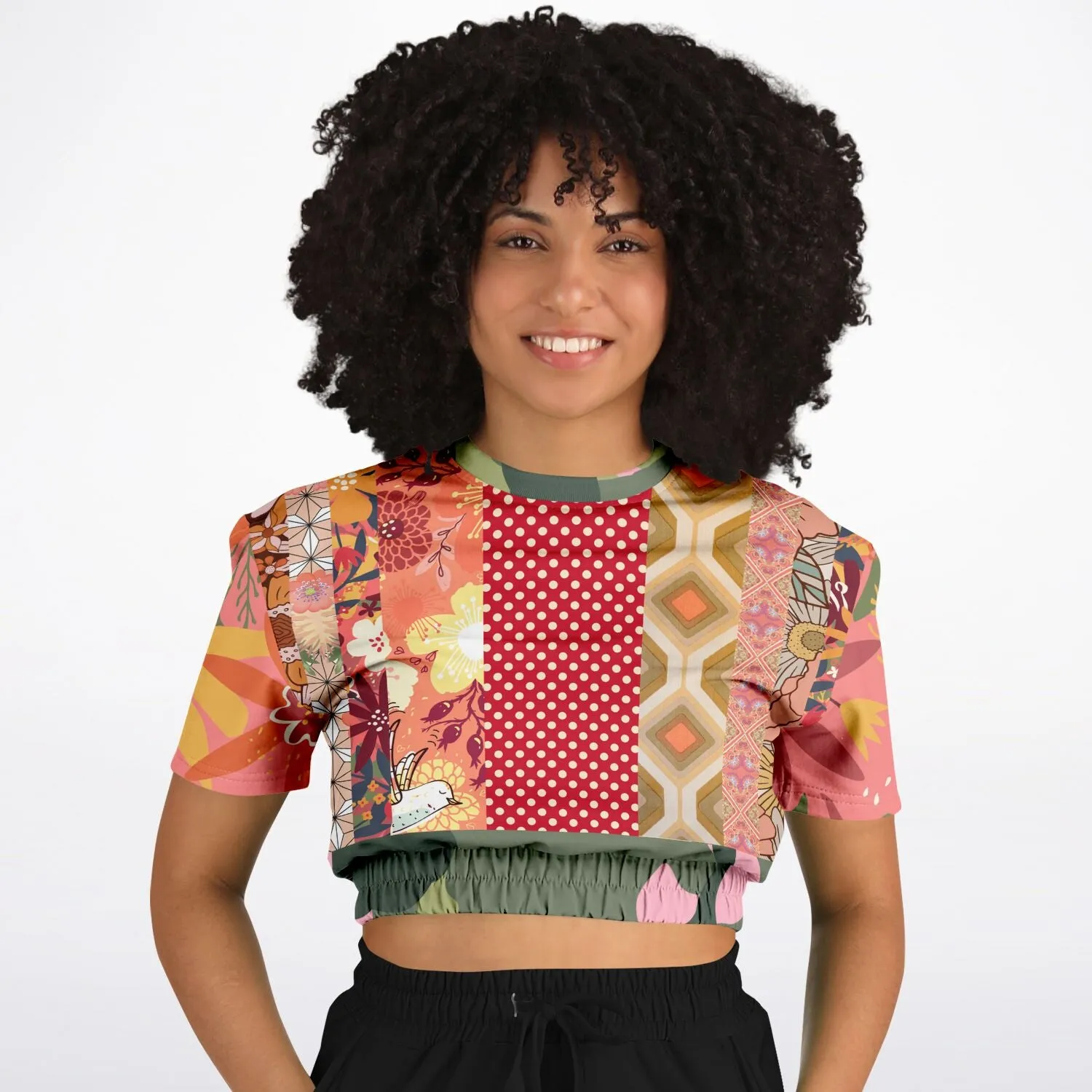 Yogananda Pink Floral Patchwork Short Sleeve Cropped Eco-Poly Sweater