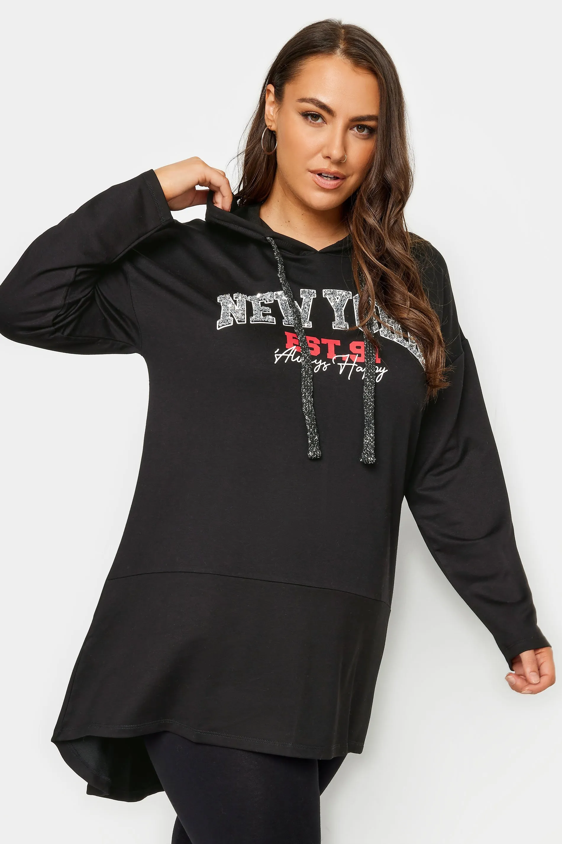 YOURS Curve Black 'New York' Slogan Longline Hoodie