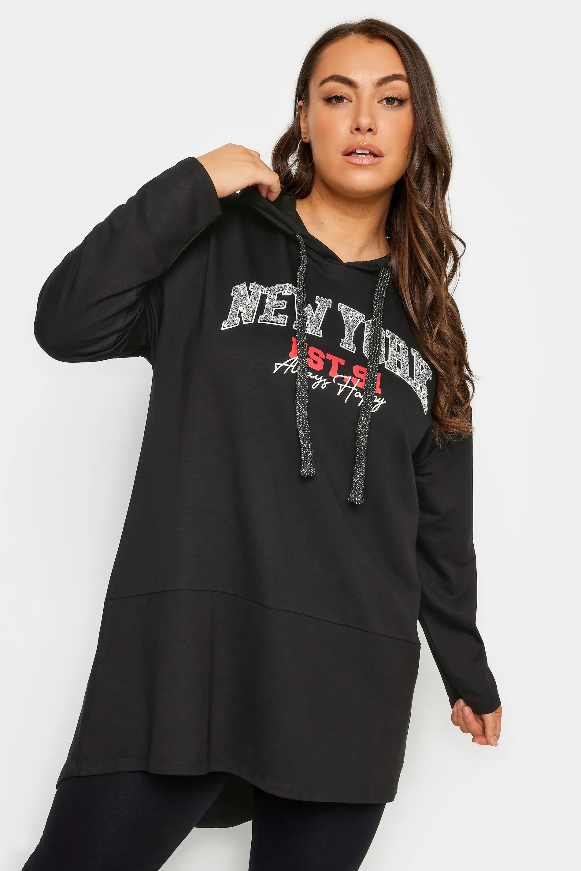 YOURS Curve Black 'New York' Slogan Longline Hoodie