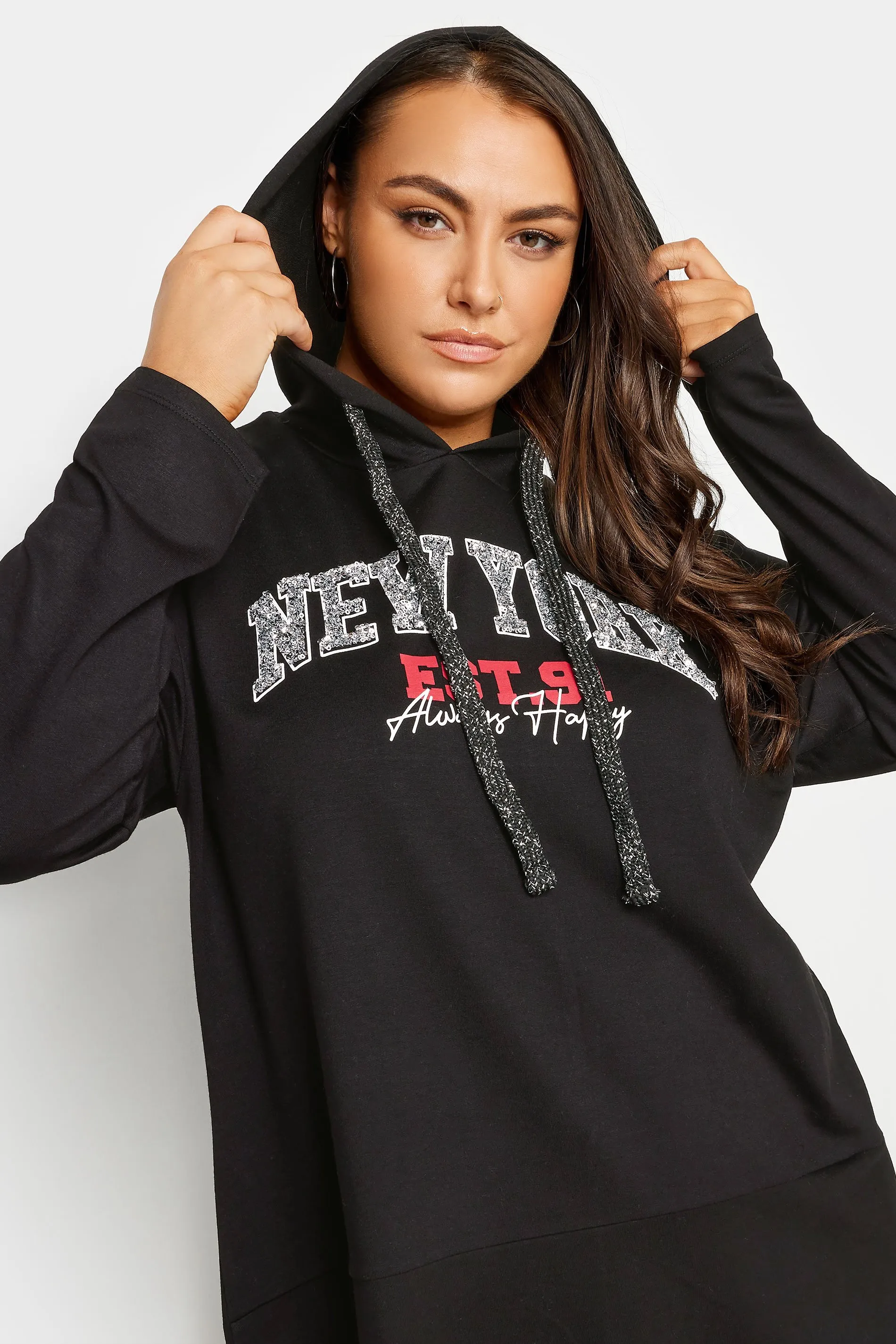 YOURS Curve Black 'New York' Slogan Longline Hoodie