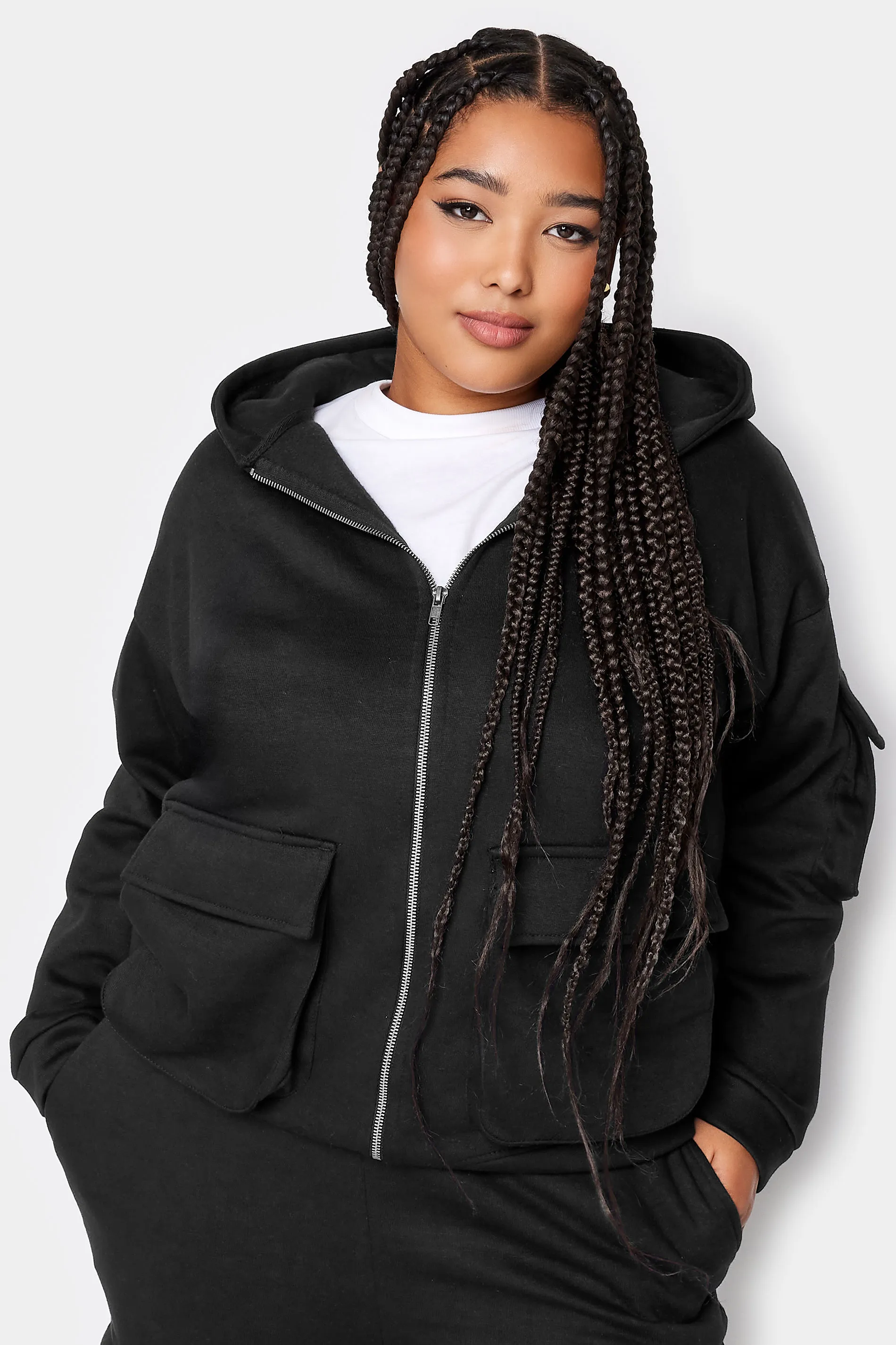 YOURS Curve Black Utility Pocket Zip Through Hoodie