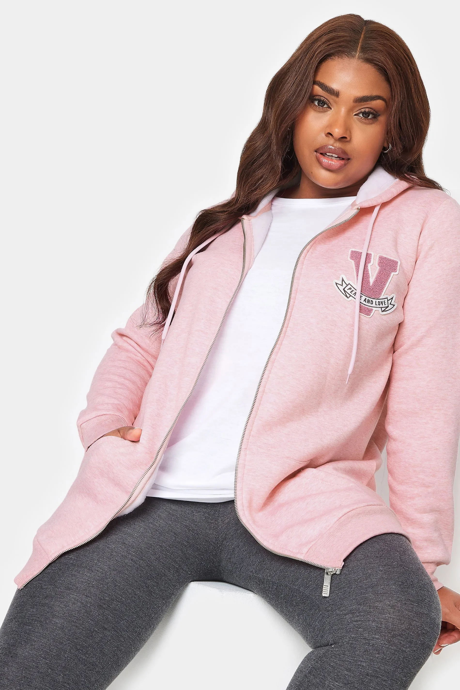 YOURS Curve Pink Embroidered Zip Through Marl Hoodie