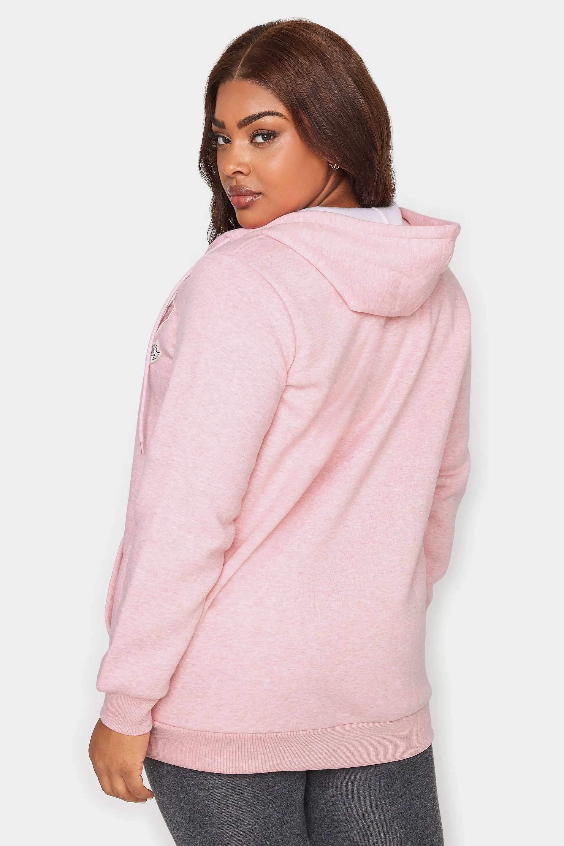 YOURS Curve Pink Embroidered Zip Through Marl Hoodie