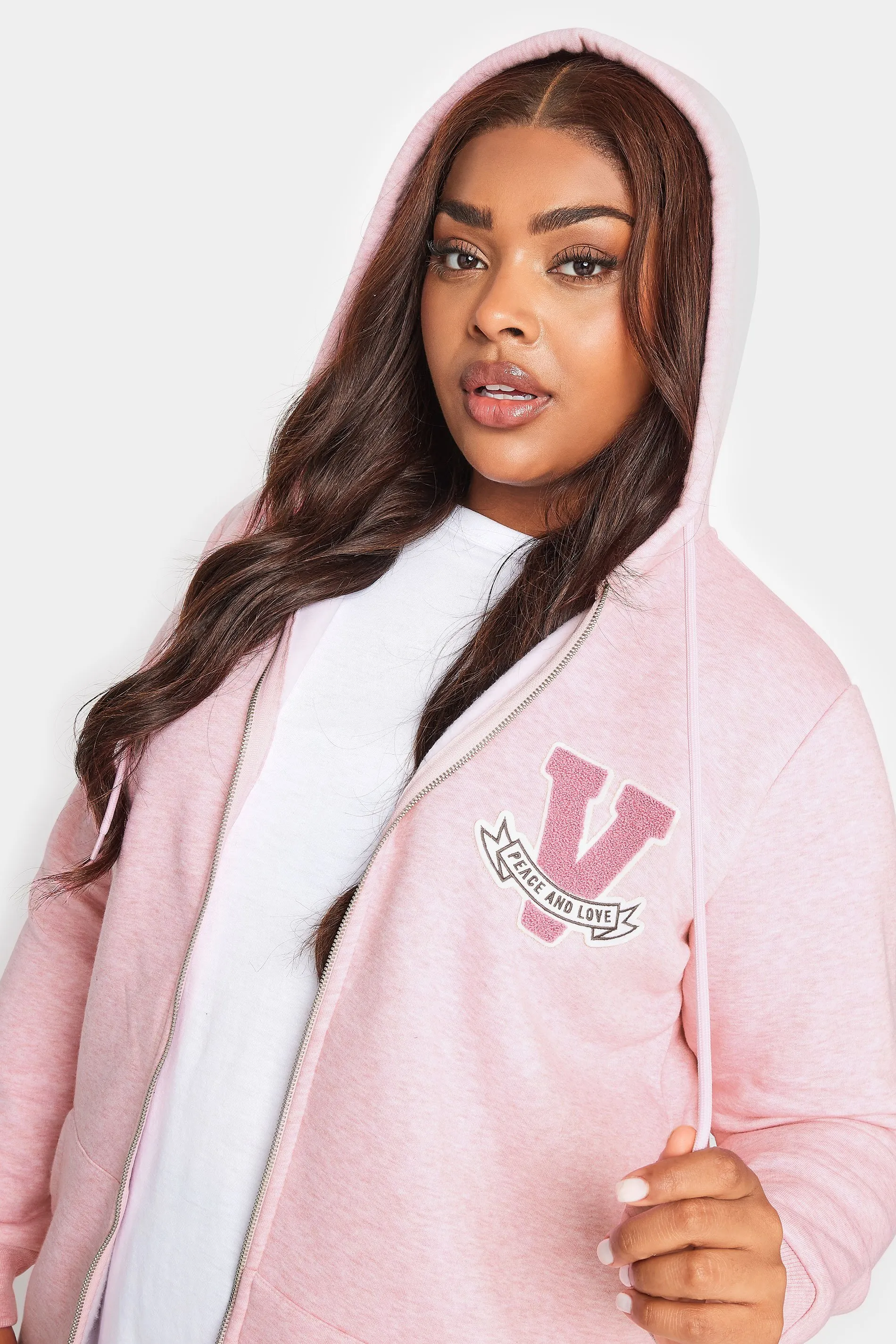 YOURS Curve Pink Embroidered Zip Through Marl Hoodie