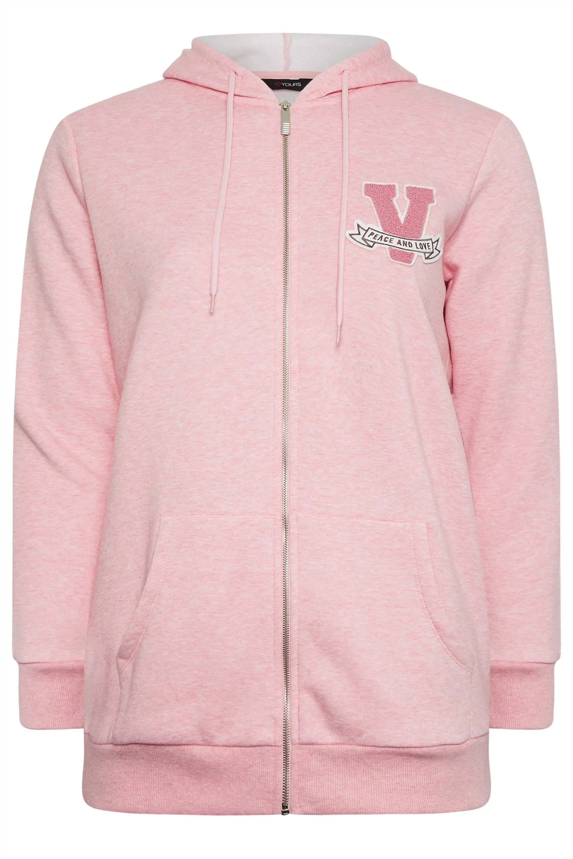 YOURS Curve Pink Embroidered Zip Through Marl Hoodie